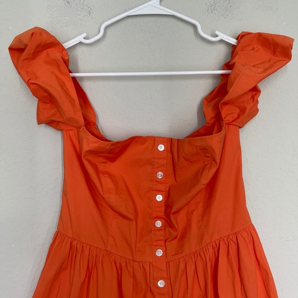 Staud Elio Off the Shoulder Mini Dress Women's Size 8 Orange Button Front Lined - Picture 2 of 16